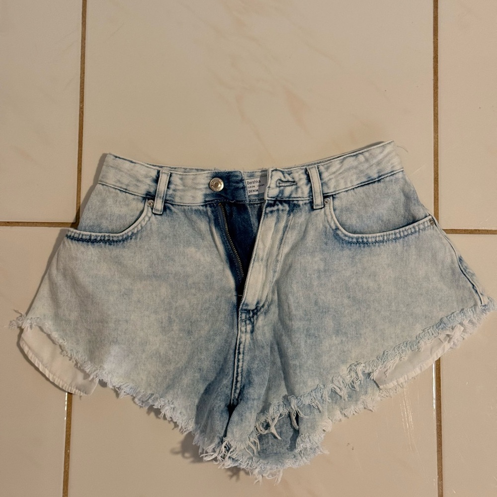 Bershka Light Blue Frayed Jean Shorts